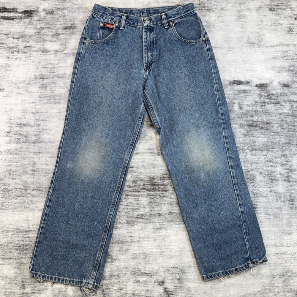 Wrangler‎ Boys Straight Leg Jeans Medium Wash Blue Distressed See Measurements